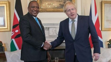 President Uhuru Kenyatta shakes hands with UK Prime Minister Boris Johnson DURING THE SIGNING OF A DEAL TO EMPLOY KENYAN NURSES IN THE UK.