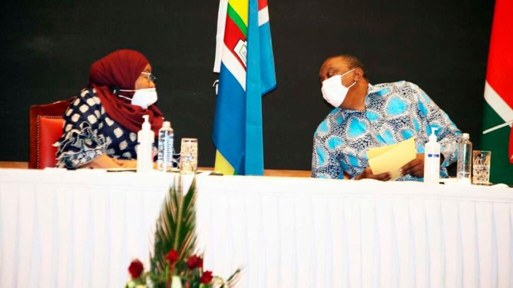 Presidents' uhuru and suluhu of kenya and tanzania during a business bilateral talk.