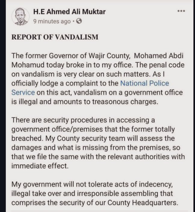 governor ahmed o f wajir county who has accused the foormer governor mohamed abdi of vandalising his office. the former leads the county which borders both somalia and ethiopia.