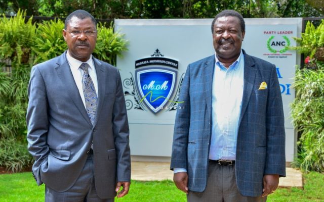 Kenya Kwanza Principals Ford Kenya party leader and National Assembly Speaker  Moses Wetangula and ANC Party Leader and Prime Cabinet Secretary Nominee Musalia Mudavadi during a past photo op at the ANC party Headquarters. 