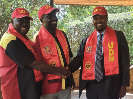 From Right: UDM Party Leader Governor Ali Roba, Siaya Gubernatorial aspirant Engineer Nicholas Gumbo and his deputy Governor aspirant Charles Owino during their welcome party at UDM party headquarters.