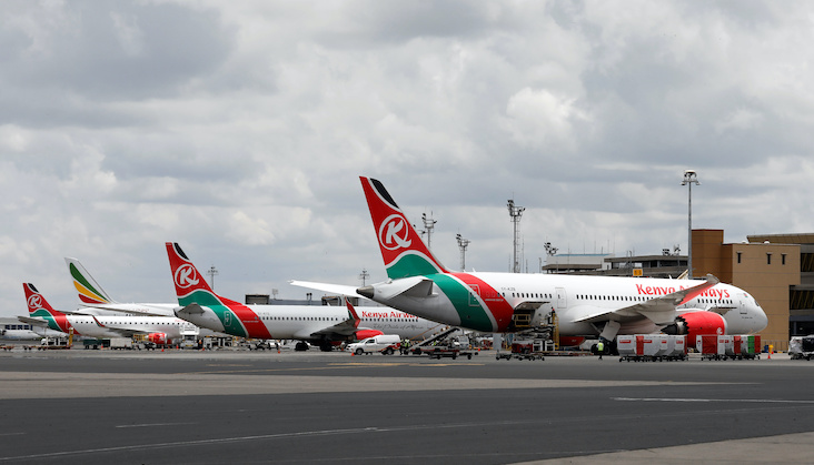 Kenyan Airways planes are parked at the Jomo Kenyatta International Airport in Nairobi