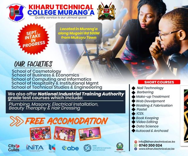 Join a world class College today and gain the necessary skills to help you grow your dream and career. call Kiharu Technical College Murang'a on 0740200024 today
