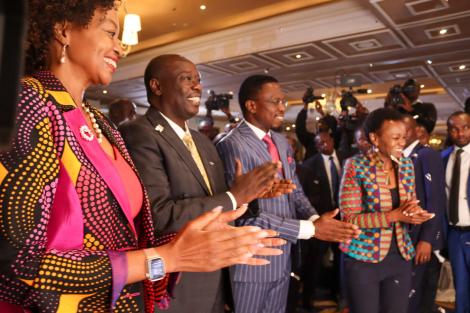 Deputy President Rigathi Gachagua (third from right) with members of the Kenya Private Sector Alliance during the launch of the Kenya Youth Employment and Entrepreneurship Accelerator Program(K-YEEAP) in Nairobi on October 31, 2022.
