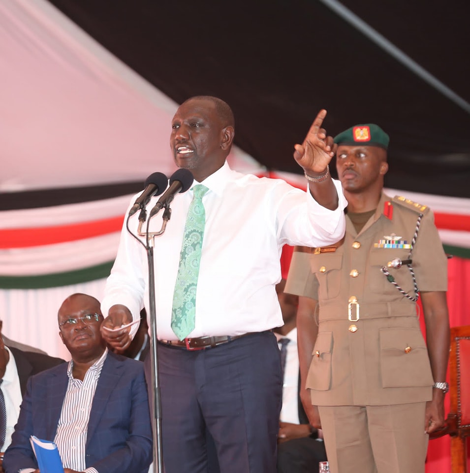 President William Ruto addressing Kibera residents during the ground breaking ceremony of the soweto c affordable housing project in the region. The president abolished the Kazi Mtaani project that was established by his predecessor.